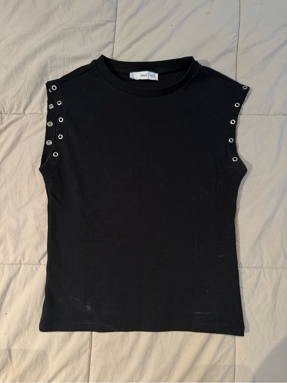 Mango Black Ribbed Sleeveless Tank with Eyelet Details